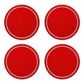 Bojueshaw 4pcs Diamond Studded Car Coasters,Anti-Slip and Heat-Resistant,Circular Design Suitable for Most Car Models,Ideal for Cars and Travel(Red)