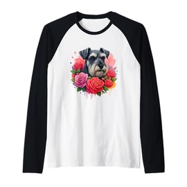 Miniature Schnauzer with Roses Dog Mom Watercolor Flowers Raglan Baseball Tee