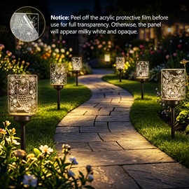 ODEETRONIC Solar Garden Lights, 4 Pack Solar Pathway Lights with Butterfly Frog Hummingbird Owl Pattern, Outdoor Landscape Lighting, Waterproof Acrylic Garden Stake Light for Yard Walkway, Warm White