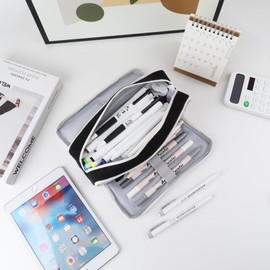 iSuperb Multi Compartments Pencil Case 3 Zippers Pencil Pouch Pen Case Bag Organizer Square Grid for Kids Teen Child Student School Supplies Cosmetic Bags (Black)