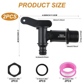 Pack of 2 Outlet Tap for Rain Butt, Tap 3/4 Inch Plastic Replacement Tap, Plastic Outlet Tap, Water Butt Tap for Rainwater Barrel, Water Tank, Outlet Tap