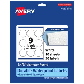 Avery Durable Waterproof Round Labels, 2.5" Diameter, 90 Oil and Tear-Resistant, Print-to-The-Edge, Laser/Pigment-Based Inkjet Printable