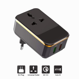 European Travel Plug Adapter, EU Power Plug Converter with 2 USB Ports (Quick Charge 3.0), 2500W High Power AC Outlet Socket for Plug of US and Most of World