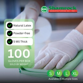 Shamrock 10112 Latex Exam Gloves, Medium, 5 Mil, Powder-Free, Full Textured, Disposable, Medical & Food Safe