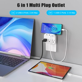 USB Wall Outlet Splitter, Multi Plug Outlet Extender with USB, 3 Outlets Surge Protector with 3 USB Ports(1 USB C), Wall Power Bar for Home Office Dorm Room Essentials