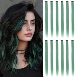 12PCS Pastel Blue-Green Hair Extensions Clip In 22Inches Straight Colored Hair Extensions For Kids Girls Colorful Highlights For Parties Gifts(Pastel Blue-Green)