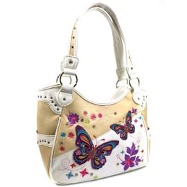 Zelris Butterfly Flower Season Embroidery Conceal Carry Tote Handbag Purse (Vanilla White)