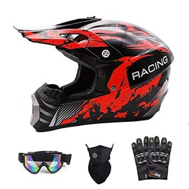TTMiku DOT Youth Kids Dirt Bike ATV BMX 4 Wheeler Motocross Full Face Motorcycle Helmet Combo Gloves Gooles Face Shield,Red Black,S