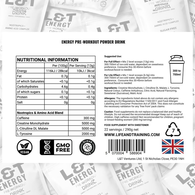 L&T Energy Pre Workout Powder | 13000mg | Caffeine, Creatine,
