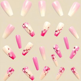 Pink Gradient Press on Nails Medium Length Fake Nails Coffin Shaped Acrylic False Nails with Peach Flowers Designs Cute Floral Glue on Nails Spring Summer Stick on Nails for Women Girls 24Pcs