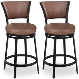 FLYZC Bar Stools, Counter Height Barstools Set of 2, 25" Faux Leather Metal Round Swivel Bar Chairs with Back, Modern Upholstered Counter Stools for Kitchen Island, Brown