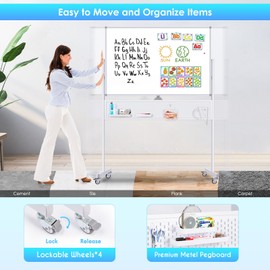 Rolling Whiteboard 48 x 32, Maxtek Large Mobile White Board on Wheels, Double-Sided Easel with Pegboard, Height Adjustable Dry Erase Board with 2 Hooks and 2 Trays for Home, Office & Classroom