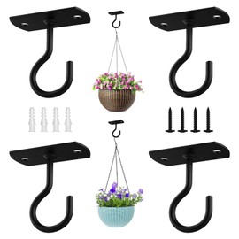 Juibao 4Pcs Ceiling Hooks for Hanging Plants, Black Wall Mounted Plant Hangers, Metal Hanging Hooks Bracket for Planters, Lanterns, Wind Chimes, Bird Feeders