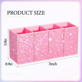 Bling Accessories Organizer for Desk Office Room Decor Gift for Women Teen Girls Rhinestone Pen Makeup Brush Holder Diamond Pencil Organizer with 4 Slots shiny sparkly Decorative Organizer(Pink)