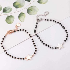 Black Crystal Bracelet for Women, Rose Gold and Silver Plated Stainless Steel Chain Wrist Bracelet with Charm Heart, Star, Four Leaf Clover (#2 Star, Rose Gold)