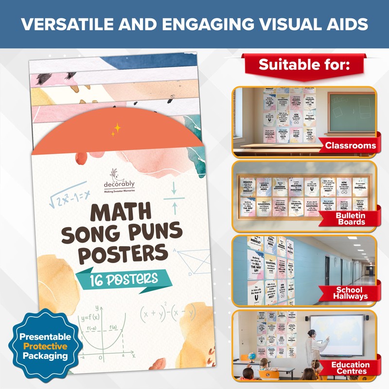 Decorably 16 Math Posters for Classroom - 11x14in Fun Math