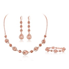 BriLove Wedding Jewellery Set for Women Bride Bridesmaid, Rhinestone Teardrop Necklace Bracelet Earrings for Prom Dress Jewelry Gift Peach Rose-Gold-Tone