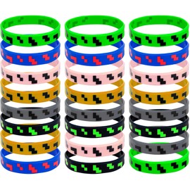 We1stdsee Pixel Theme Party Favors, 24Pcs Rubber Bracelets Mining Goodie Bag Favor, Birthday Party Decorations Supplies for Kids (6 colors)