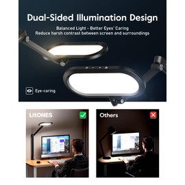 LitONES Desk Lamp for Home Office, Eye-Care Dual-Sided Seamless Dimmable LED Desk Light with Knob Remote, Adjustable Arm Clamp Computer Lighting for Video Conference Recording, Zoom Call, Task, Stream