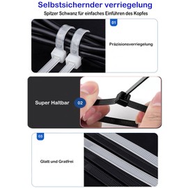 Cable Ties, White, 100 mm x 2.5 mm, Pack of 200, UV-Resistant, 8.1 kg Tensile Strength, Self-Locking for Indoor and Outdoor Use, Ideal for Cable Management, Gardening, Household, Workshop, Garage