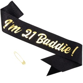 FASOTY 21st Birthday Baddie Sash - I'm 21 Baddie! Gold Glitter Sash with Black Foil Birthday Baddie Sash for Women and Men Funny Party Favor Decorations Baddie Accessories