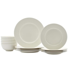 Tabletops Gallery Embossed Bone White Porcelain Round Dinnerware Collection- Chip Resistant Scratch Resistant, Dubai 12 Piece Dinnerware Set (Dinner Plate, Salad Plate, Cereal Bowl)