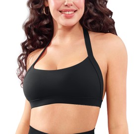 YEOREO Roxanie Women Halter Sports Bra Scoop Neck Removable Padded Open Back Yoga Workout Crop Tank Top Black M