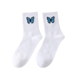 OYOANGLE Women's Butterfly Embroidery Crew Sock Comfortable Everyday Sock Athletic Knit Socks White One-Size