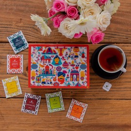 Octavius Assorted Tea | 6 Assorted Black & Green Teas | 90 Teabags | Wooden Tea Sampler Pack | Multi Printed Design | Tea Gift Set | Pack of 1