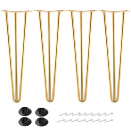 ALXEH 16 Inch Hairpin Legs Metal - 1/2” Dia 3 Rods Design - Mid Century Furniture Table Legs, DIY Furniture Hairpin Feet Gold for Nightstand, Coffee Table and TV Stand, Set of 4