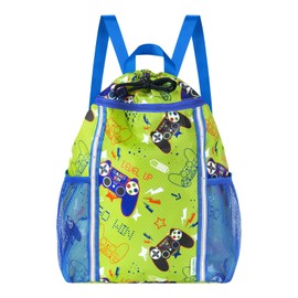 WAWSAM Kids Gym Drawstring Backpack String Bag, Game Sports Gym Bag for Kids Boys Waterproof Swimming Beach String Cinch Backpack with Two Water Bottle Pocket