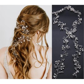 ZHjuju Wedding Hair Accessories, 50 cm Wedding Flower Hair Vine Silver Pearl Headband Bridal Headpiece Bridal Hair Accessories Bridal Hair Tendril for Women and Girls