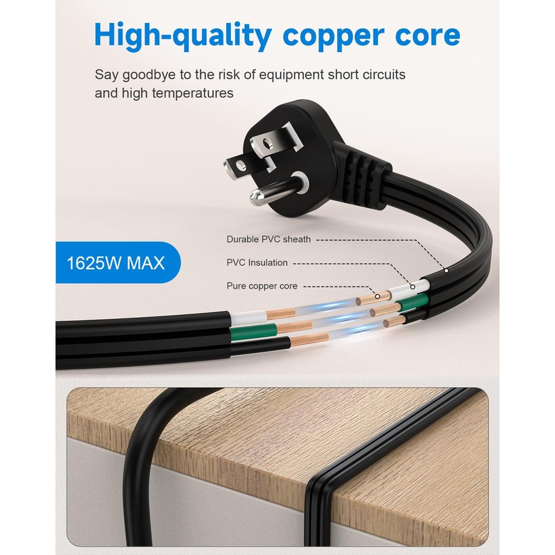 Flat Plug Short Extension Cord 1Ft Low Profile Adapter 3
