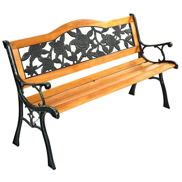Tangkula Outdoor Garden Bench Park Bench, Patio Furniture Bench Chair with Cast Iron & Hardwood Structure, Weather Proof Porch Loveseat, Perfect for Backyard, Deck, Lawn, Poolside