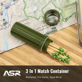 ASR Outdoor Water Resistant Match Stick Storage Container and Fire Starter Mirror