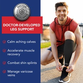 Doctor-Developed Calf Sleeve, Medical Leg Compression Sleeve for Circulation, Footless Compression Socks for Running, Varicose Veins & Shin Splint, Leg Sleeves for Men & Women, (Large, Black, 1 Pair)