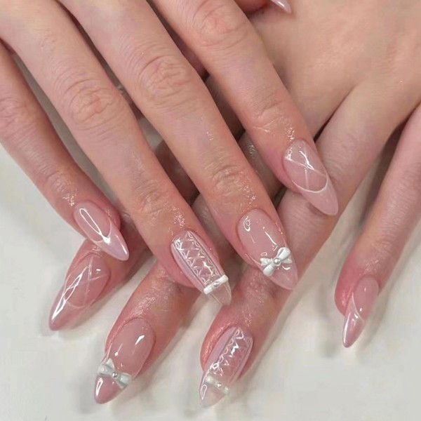 Pink Chrome Press on Nails Bow Pearl Fake Nails Interlaced