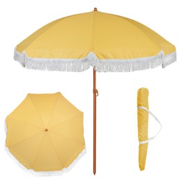 Punchau 6 Ft Fringe Patio Umbrella - Outdoor Umbrella for Patio, Pool, Table, Garden, Deck, & Beach - Push Button Tilt Pole - Fashionable Boho Vintage Tassels & Wood Print - Yellow