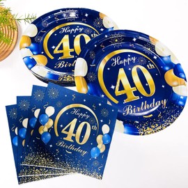 40 pieces of 40th birthday party supplies, 40th Birthday Tableware, Table Decoration, Blue and Gold Plates, Napkins, Tableware, Men's and Women's40th Birthday Party Gifts
