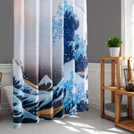 LIGICKY Japanese Style Shower Curtain for Bathroom Durable Waterproof Fabric Shower Curtains for Home Decor 180 x 180 cm, Ukiyoe Hokusai The Great Wave Off Kanagawa Set with Shower Curtain Rings
