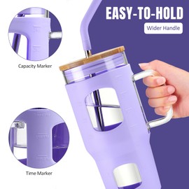WINSA 24 oz Glass Tumbler with Lid and Straw, Iced Coffee Cup with Handle, Glass Water Bottles with Time Marker, 2 Straws - Pearl Straw & Drinking Straw Silicone Protective Sleeve-Purple
