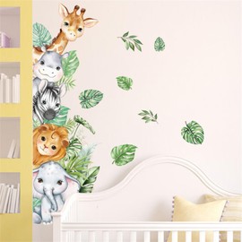 WOHAHA Wall Sticker, Kids Room Cartoon Animals, Nursery Nursery Wall Sticker, Stylish, Removable, Cute Jungle Animals, Lion, Zebra, Giraffe, Turtle Back, Wall Sticker, Green, Plant, Door, Stairs,