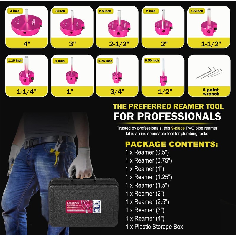 Premium 9-Piece PVC Pipe Reamer Kit, Includes Sizes 1/2", 3/4",
