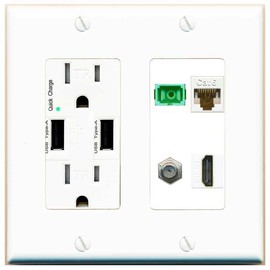 RiteAV 1 Port Fiber Optic Jack SC Simplex APC + Cat6 + Coax + HDMI Wall Plate - USB Charger White