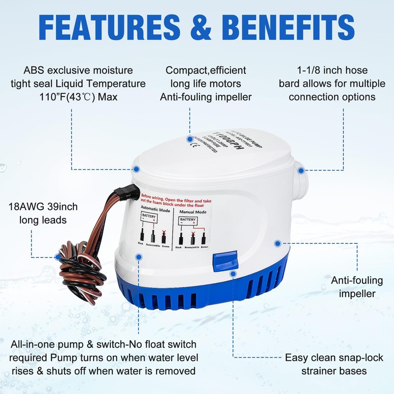 ECO-WORTHY Automatic 12V Bilge Pumps for Boats 1100GPH Auto with