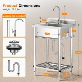 CAMMOO 23"W Compact Utility Sink 18/8 Stainless Steel Portable Ergonomic Sinks with 4-Height Adjustable & 360° Swivel Faucet Laundry Room Kitchen Garage Outdoor BBQ RV Basement Hobby Room Bathroom