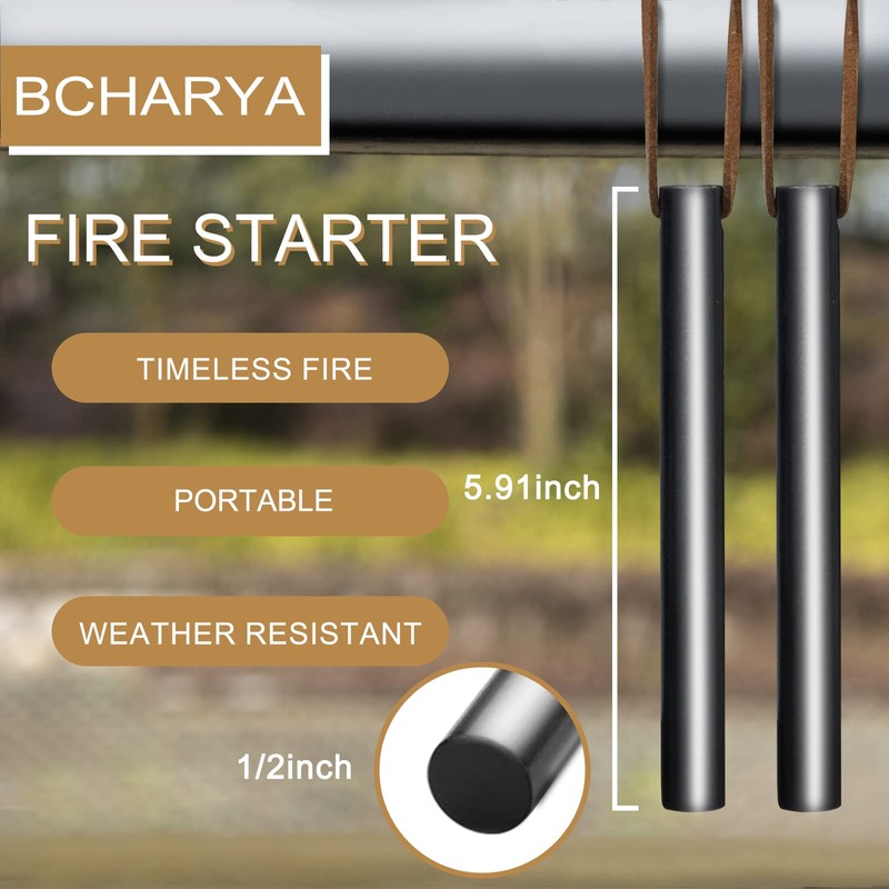 BCHARYA Fire Starter Survival Tool, Ferro Rod Kit with Leather