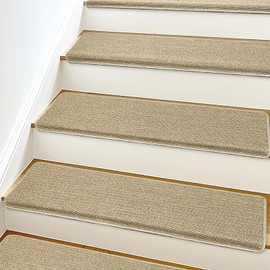 SMILOOL Bullnose Carpet Stair Treads Non Slip for Wooden Steps Indoor, 9.5" x 35" 14 Pieces, Extra Wide Bull Nose Carpet Runners for Wood Stairs, Step Covers, Stair Tread Rugs, Washable, Beige