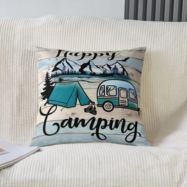 Happy Camping Throw Pillow Covers 22x22, Camper Cushion Covers for Sofa, Rustic Farmhouse Pillow Covers Camping Decorative Pillow Covers, Rv Car Theme Colorful Vintage Wooden Cushion Cases