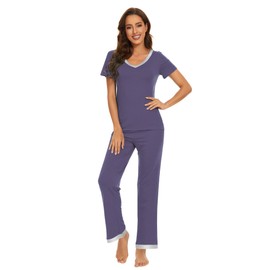 WiWi Womens Viscose from Bamboo Pajamas Set Short Sleeve Top with Pants Pjs Soft V Neck Sleepwear Lightweight S-3X, Lavender, XX-Large